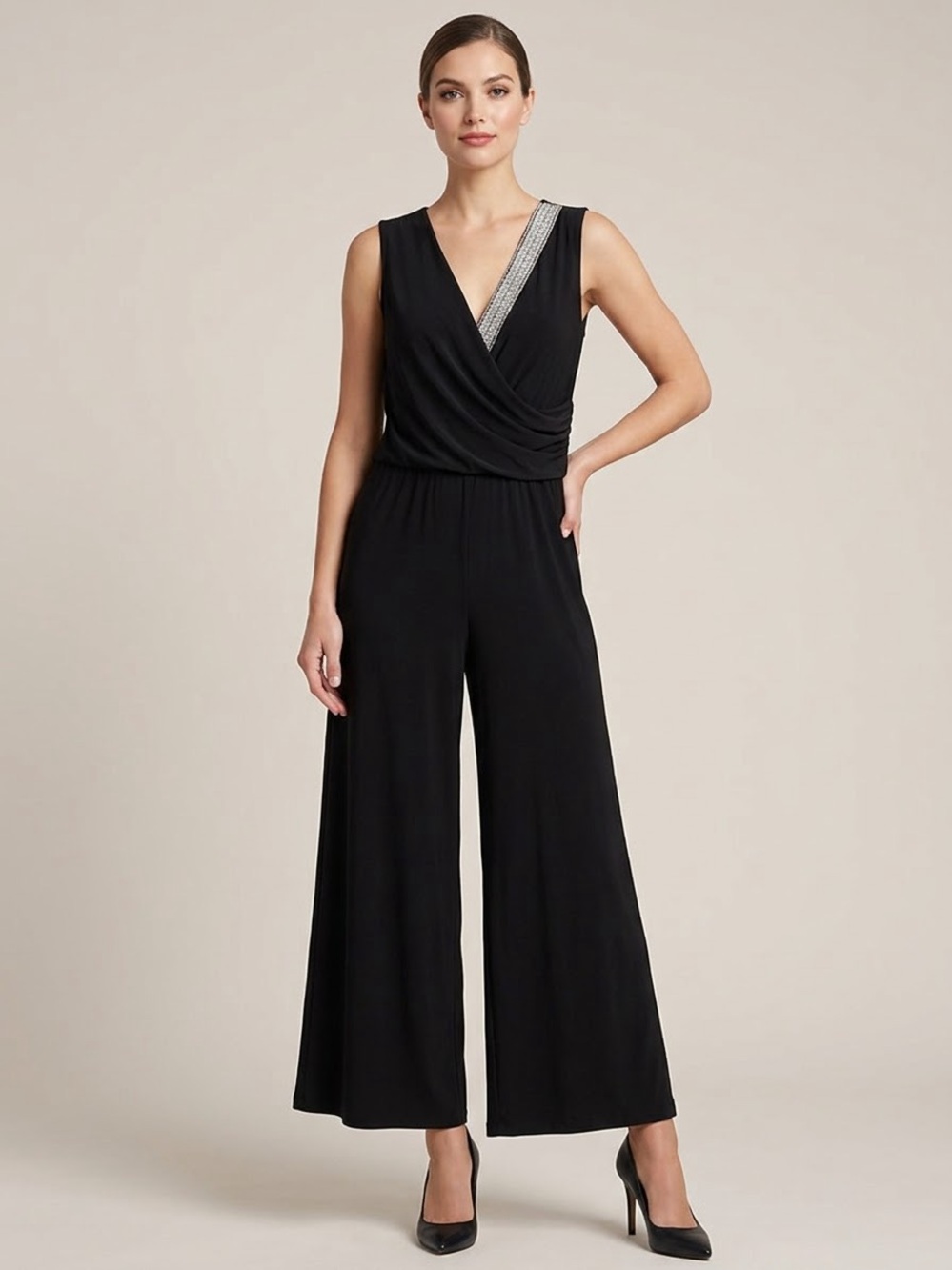 MSK Black Rhinestone Embellishment Wide-Leg Jumpsuit